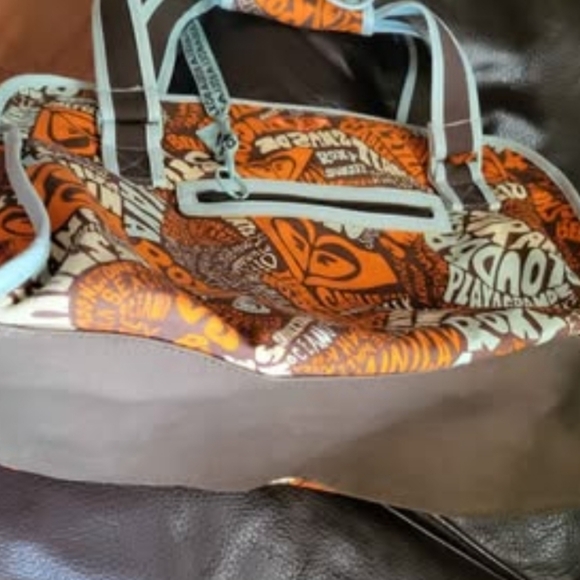 ROXY Fun/Funky canvas patterned Canvas Tote/Weekend Bag Orange/ Brown/Blue - Picture 3 of 8